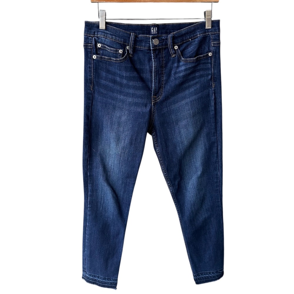 GAP Jeans Pants True Skinny Dark Blue Wash High Rise Raw Hem Distressed Size 29